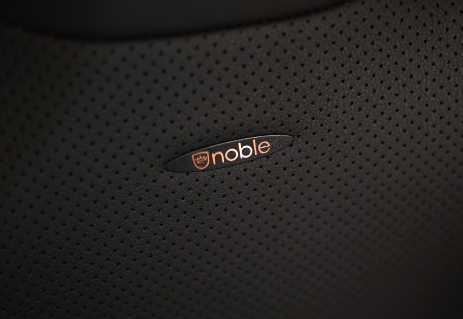 Noble Logo in Kupfer auf der Rückenlehne